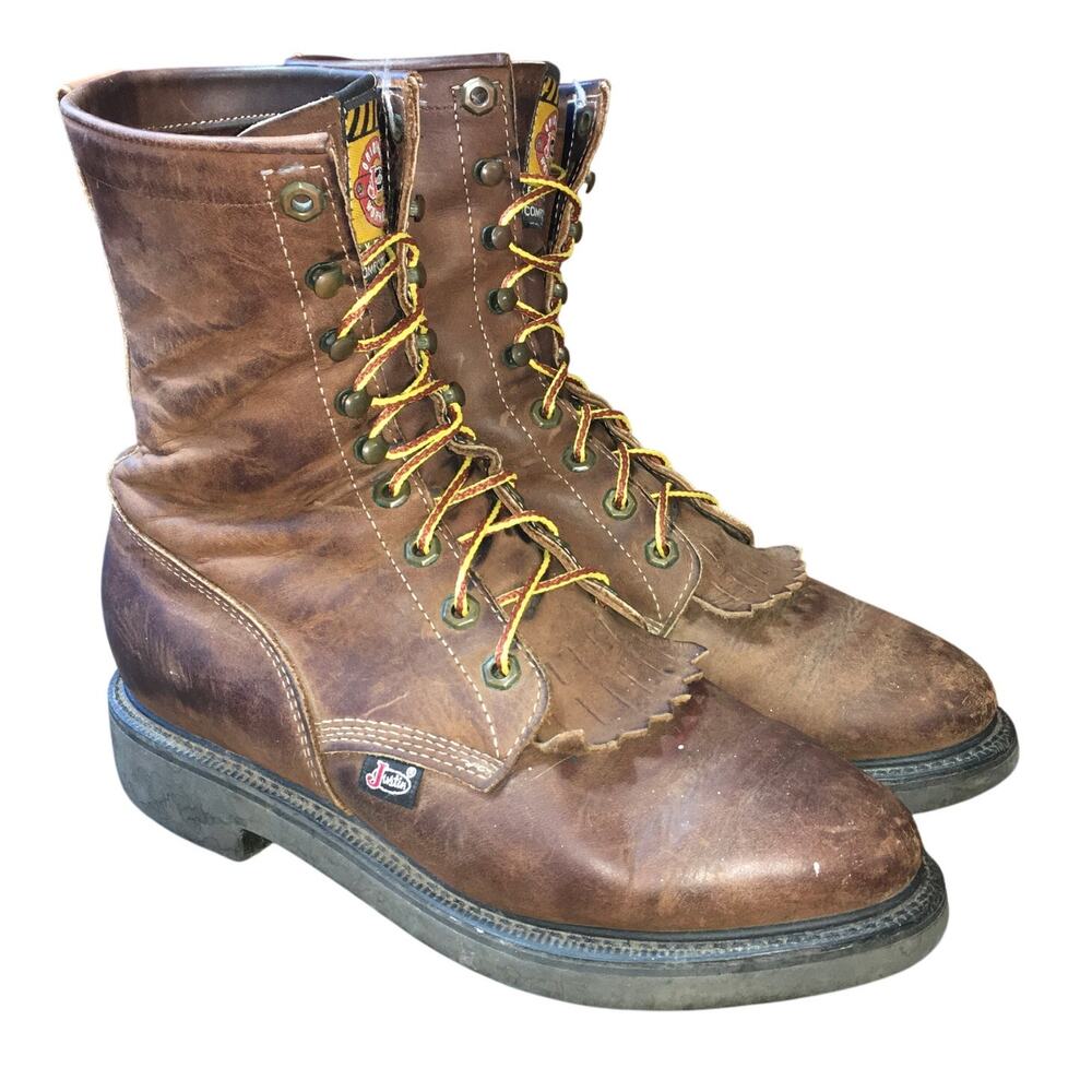 Justin Conductor 8" Brown Western Work Boots Mens 8.5 D 706 Kiltie Leather USA
